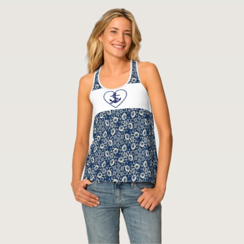 Womens Navy Blue And White Floral Tank Top
