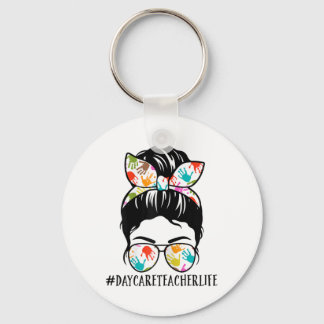 Womens Nn Daycare Teacher Life Messy Bun Mom Woman Keychain