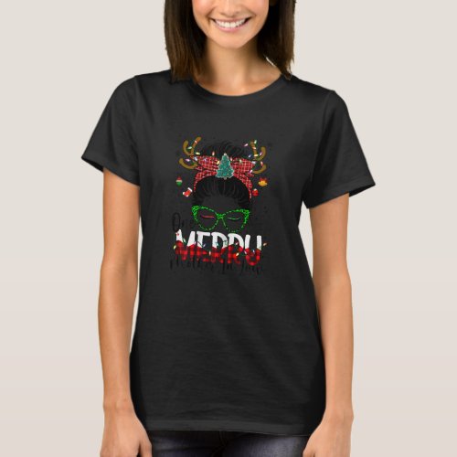 Womens One Merry Mother In Law Buffalo Plaid Messy T_Shirt