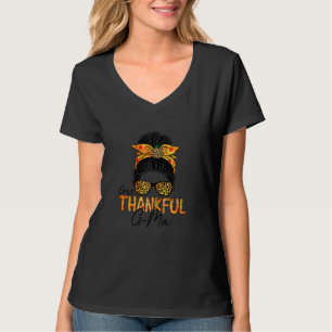 Womens One Thankful G Ma Leopard Messy Bun Thanksg T-Shirt