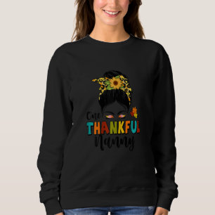 Womens One Thankful Nanny Leopard Messy Bun Fall T Sweatshirt