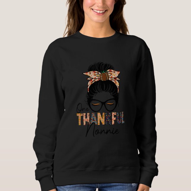Womens One Thankful Nonnie Leopard Messy Bun Thank Sweatshirt (Front)