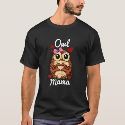 Womens Owl Mama Finger Heart Owl Animal With Ribbo T_Shirt