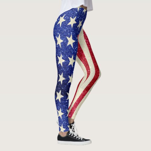 Womens Patriotic Leggings American Flag Glitter Leggings