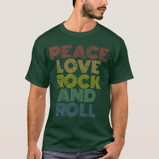 Womens Peace Love Rock and Roll Retro Rainbow Rock T-Shirt