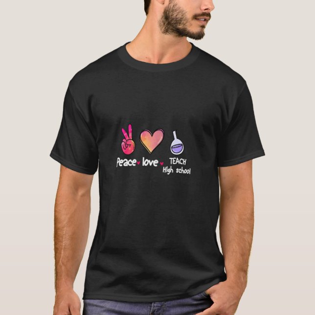 Womens Peace Love Teach High School Pink Hand With T-Shirt (Front)