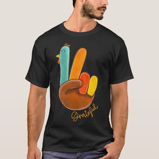 Womens Peace Love Turkey Grateful Turkey Hand Sign T-Shirt (Front)