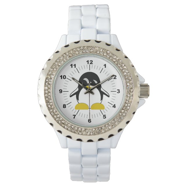 Women's Penguin Rhinestone White Enamel Watch (Front)