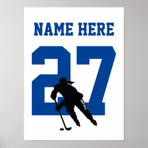 Women's Personalized Hockey Player Number Blue Poster