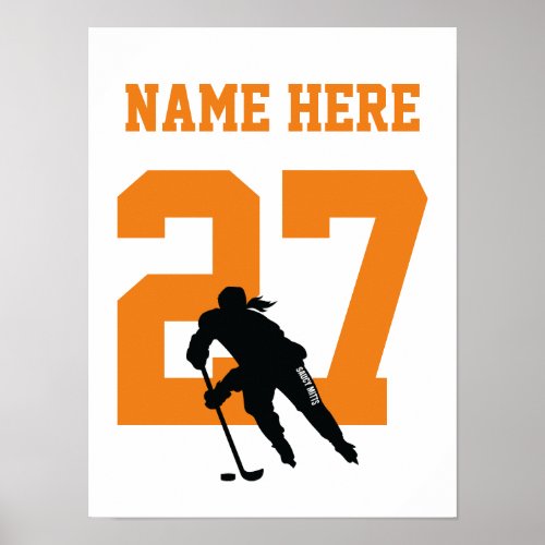 Womens Personalized Hockey Player Number Orange Poster
