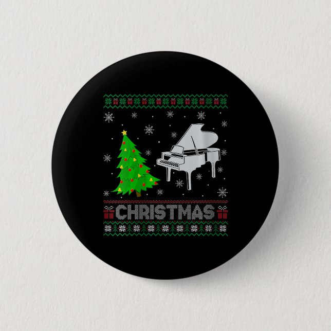 Womens Piano Xmas Tree Lighting Ugly Christmas Swe Button (Front)