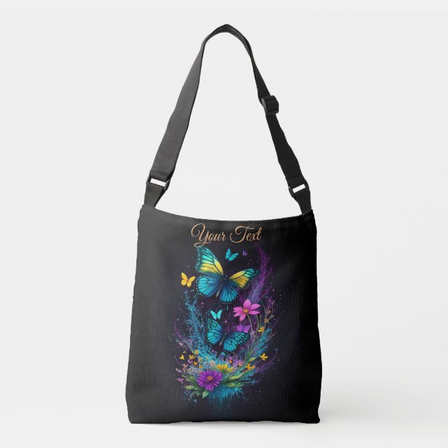 womens pink and blue flowers cute Butterflies      Crossbody Bag (Front)