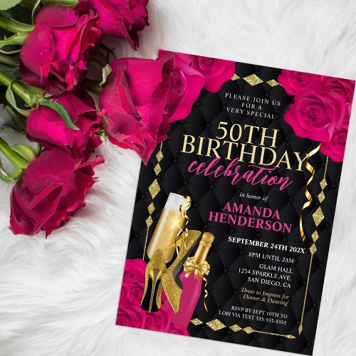 Womens Pink and Gold Birthday Invitation