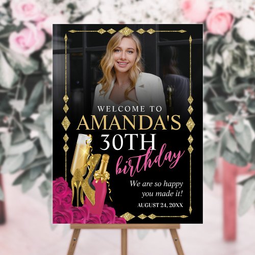 Womens Pink and Gold Birthday Welcome Sign