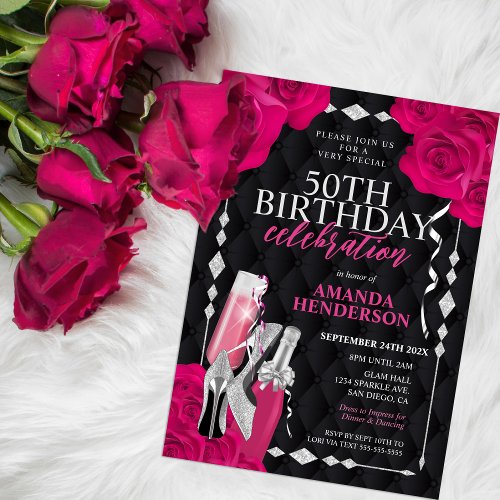 Womens Pink and Silver Birthday Invitation