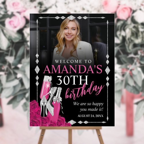 Womens Pink and Silver Birthday Welcome Sign