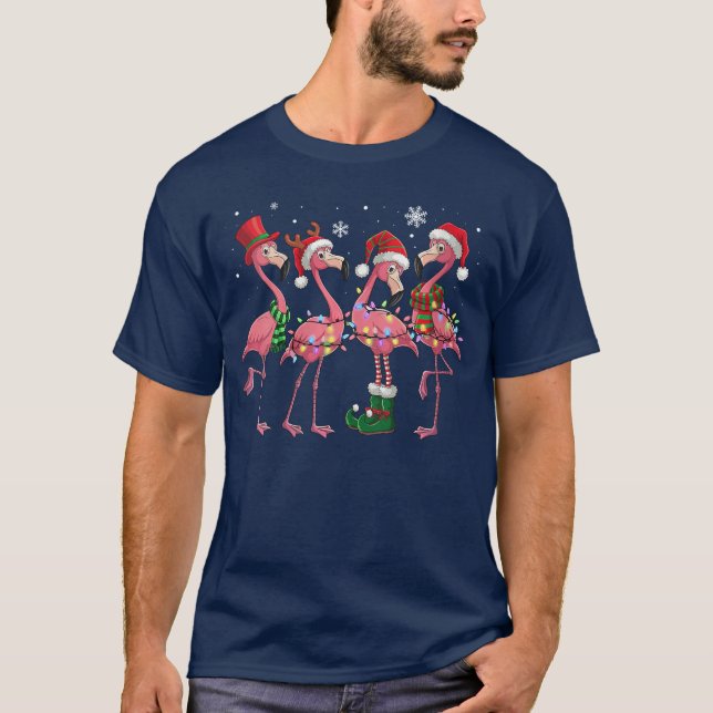 Womens Pink Flamingo Santa Hat Christmasree Lights T-Shirt (Front)