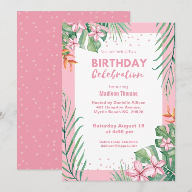 Women's Pink Floral Confetti Birthday Party Invitation (Front/Back)