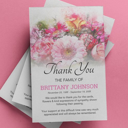 Womens Pink Floral Funeral Thank You Card