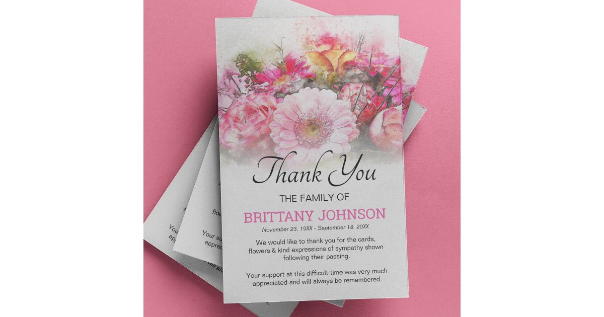 Womens Pink Floral Funeral Thank You Card | Zazzle