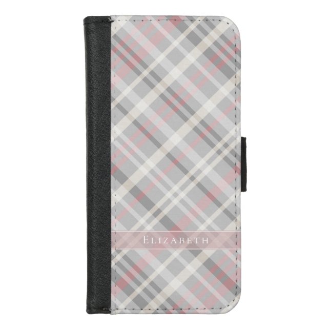 women's pink gray and white plaid iPhone wallet case (Front)