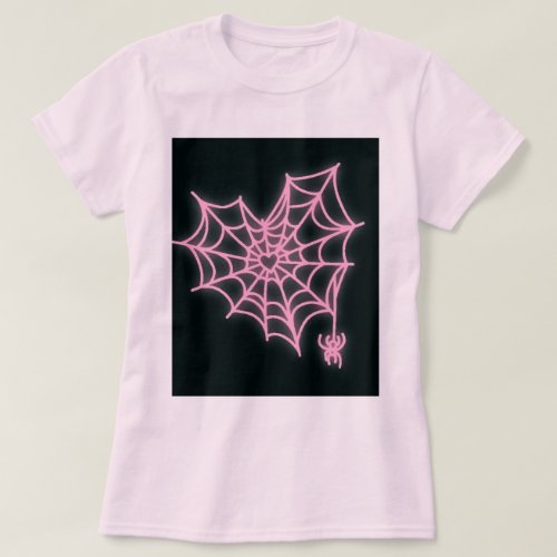 Womens Pink Heart Spiderweb Halloween T_shirt