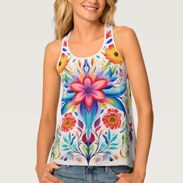 Women's Pink Red Center Floral Racerback  Tank Top (Front)