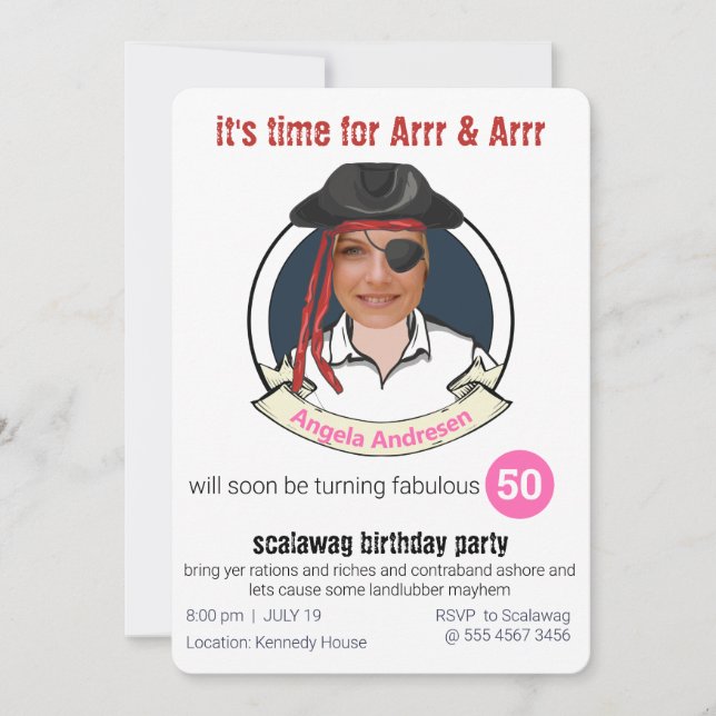 Womens Pirate Birthday Funny Add your Face Great Invitation (Front)