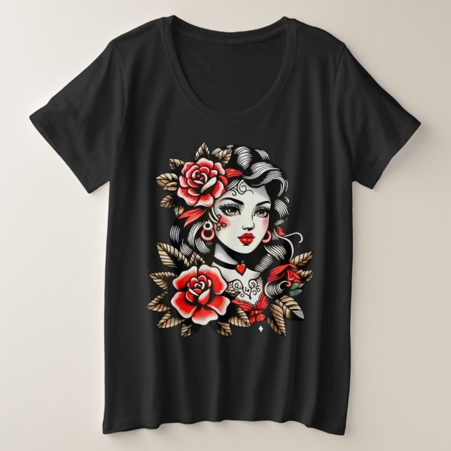 Women's Plus Size Lady with Roses T-Shirt (Design Front)