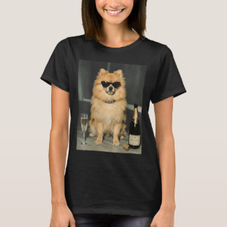 Womens Pomvibesnian Drinking Champagne Funny Dog T-Shirt