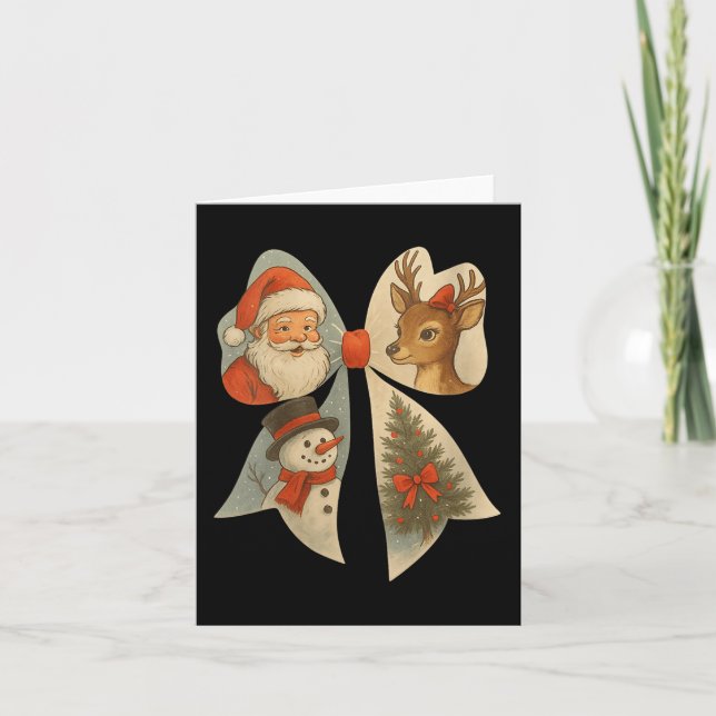 Womens Preppy Christmas Coquette Bow Reindeer Snow Card (Front)