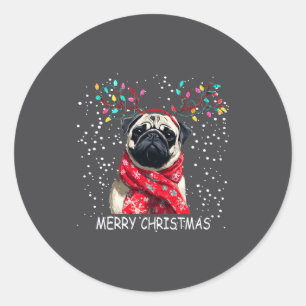 Womens Pug Dog Xmas Santa Hat F Christma Long Slee Classic Round Sticker