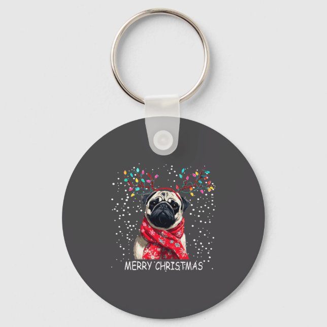 Womens Pug Dog Xmas Santa Hat F Christma Long Slee Keychain (Front)