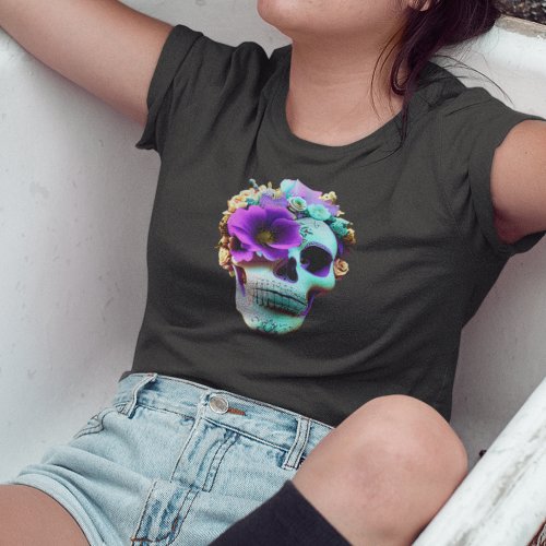 Womens Purple Flower Eye Socket Candy Skull  T_Shirt