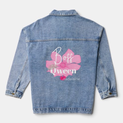 Womens Quote Pink Floral  Boss Qween Denim Jacket