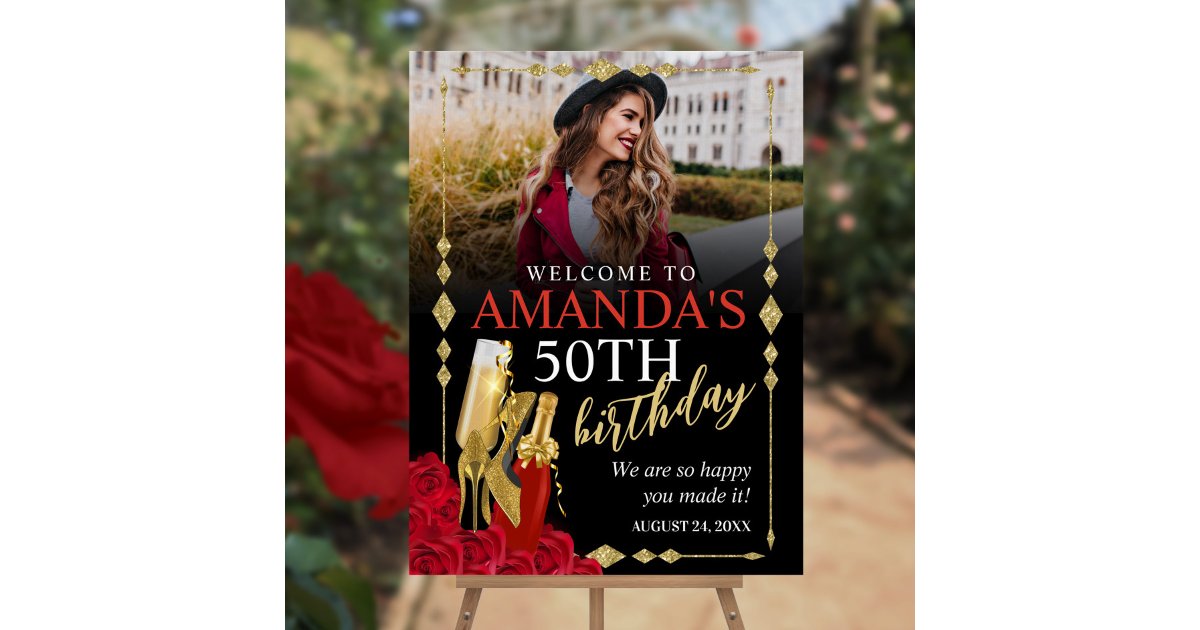 Womens Red and Gold Birthday Welcome Sign | Zazzle