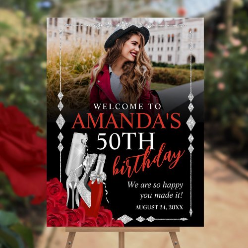 Womens Red and Silver Birthday Welcome Sign