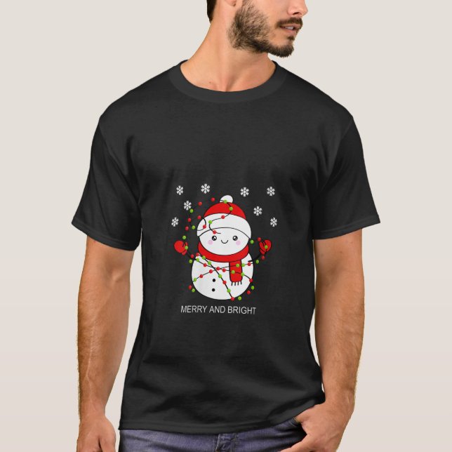 Womens Red Mitten Snowman Merry And Bright Messy C T-Shirt (Front)