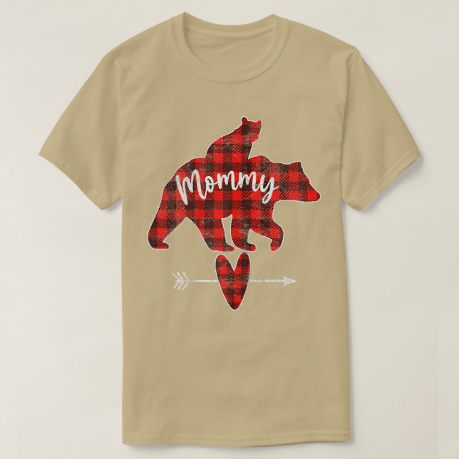 Womens Red Plaid Mommy Bear, Red Buffalo Plaid Mom T-Shirt (Design Front)