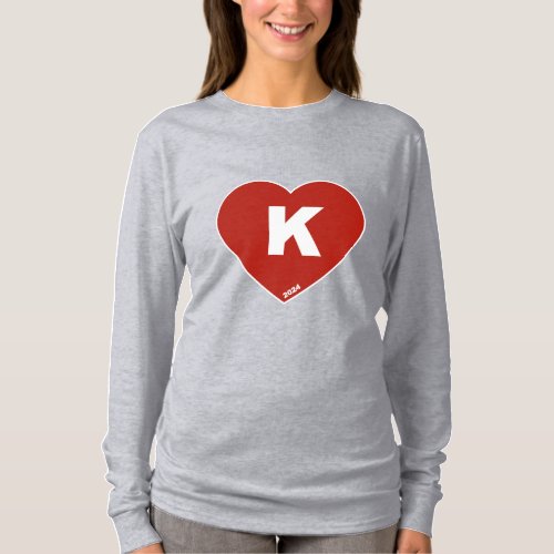 Womens Red  White K_Heart long sleeve t_shirt