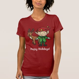 Women's Reindeer and Elf Happy Holidays T-Shirt