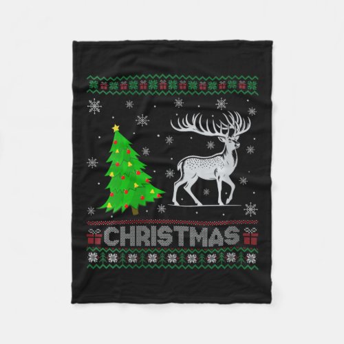 Womens Reindeer Xmas Tree Lighting Ugly Christmas  Fleece Blanket