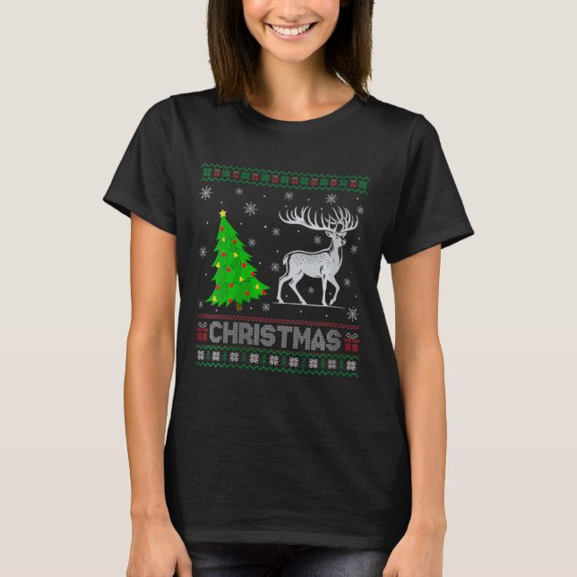 Womens Reindeer Xmas Tree Lighting Ugly Christmas  T-Shirt (Front)