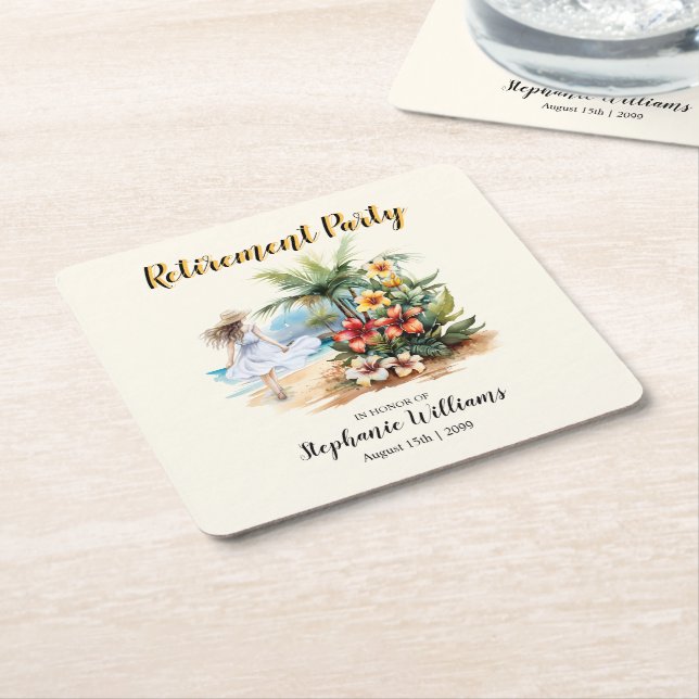 Women's Retirement Beach Aloha Flowers Party Square Paper Coaster (Angled)