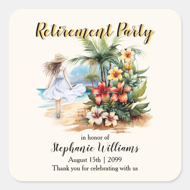 Women's Retirement Beach Aloha Flowers Party Square Sticker (Front)