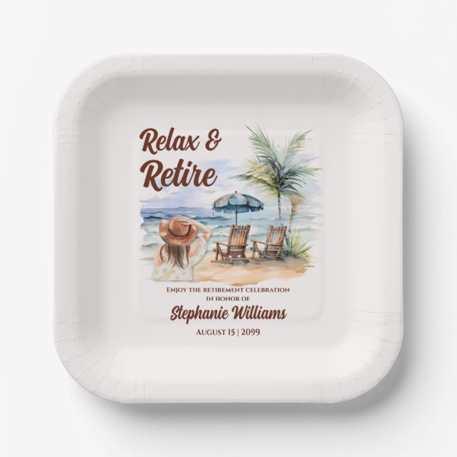 Women's Retirement Beach Chair Themed Party Paper Plates (Front)