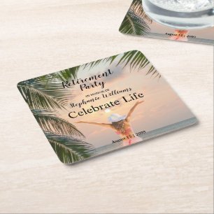 Women's Retirement Beach Themed Sunset Palm Tree Square Paper Coaster