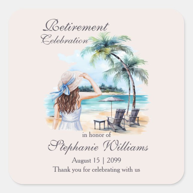 Women's Retirement Beach Themed Watercolor Square Sticker (Front)