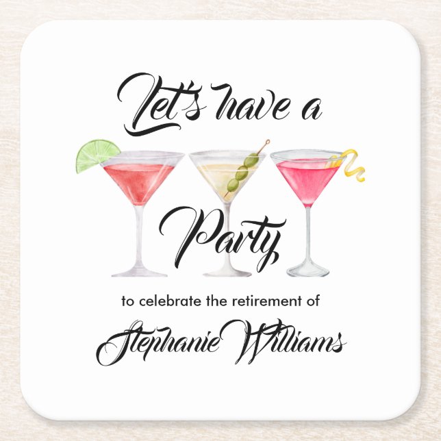 Women's retirement cocktail summer party square paper coaster (Front)