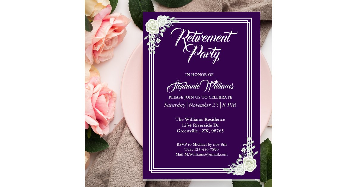 Women's Retirement Elegant Purple Floral Party Invitation | Zazzle